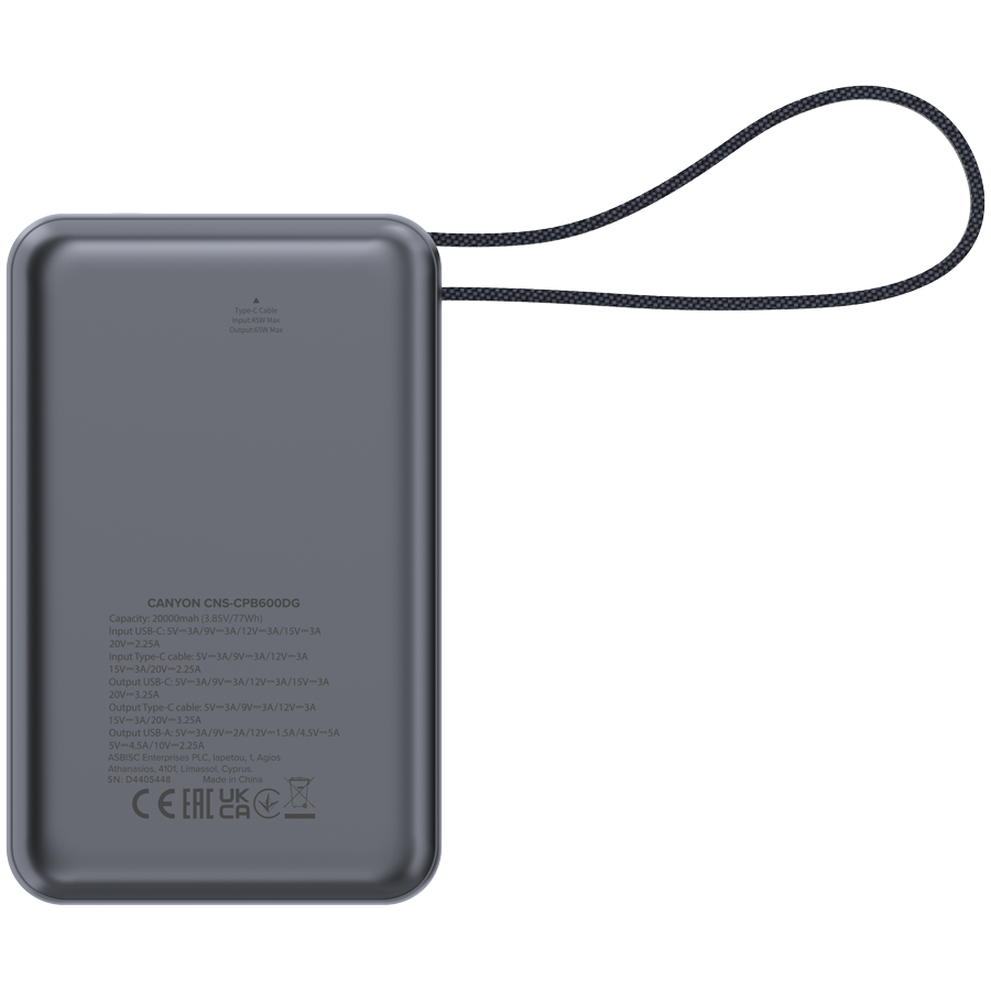 CANYON power bank OnPower 600 built-in cable 20000 mAh PD65W Dark Grey [5]