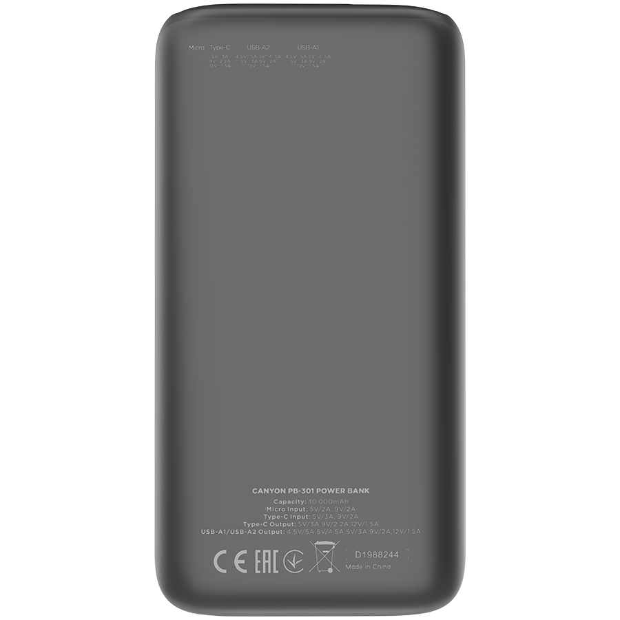 CANYON power bank PB-301 LED 30000 mAh PD 20W QC 3.0 Black [2]