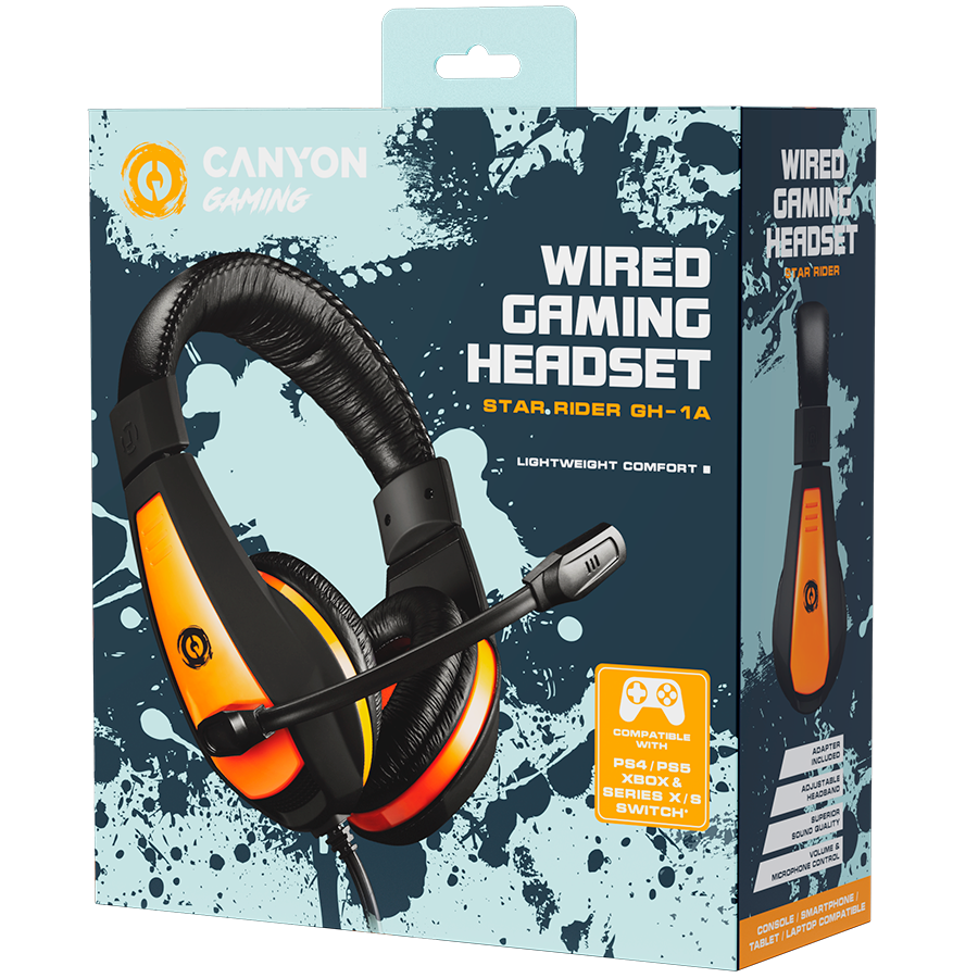 CANYON Star Raider GH-1A, Gaming headset 3.5mm jack with adjustable microphone and volume control, with 2in1 3.5mm adapter, cable 2M, Black, 0.23kg [2]