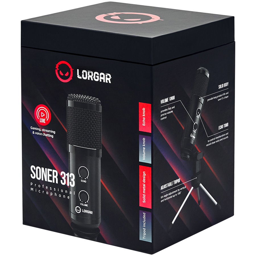 LORGAR Soner 313, Gaming Microphones, Black, USB condenser microphone with Volume Knob & Echo Kob, including 1x Microphone, 1 x 2.5M USB Cable, 1 x Tripod Stand, 1 x User Manual, body size: Φ47.4*158. [8]