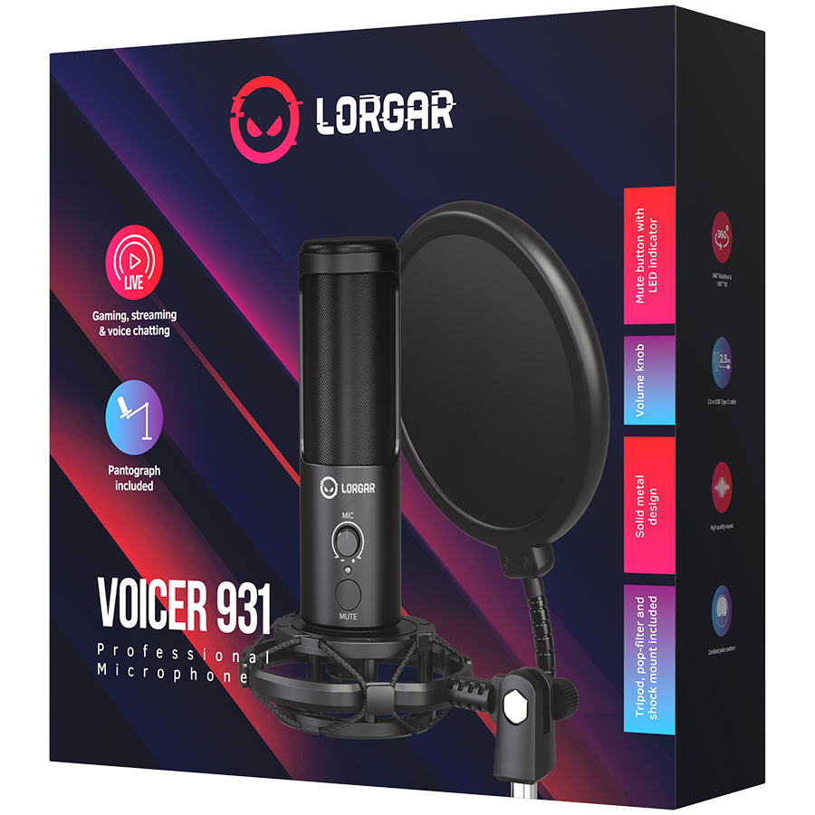 LORGAR Voicer 931, Gaming Microphone, Black, USB condenser microphone with boom arm stand, pop filter, tripod stand. including 1* microphone, 1*Boom Arm Stand with C-clamp, 1*shock mount, 1*pop filter [9]