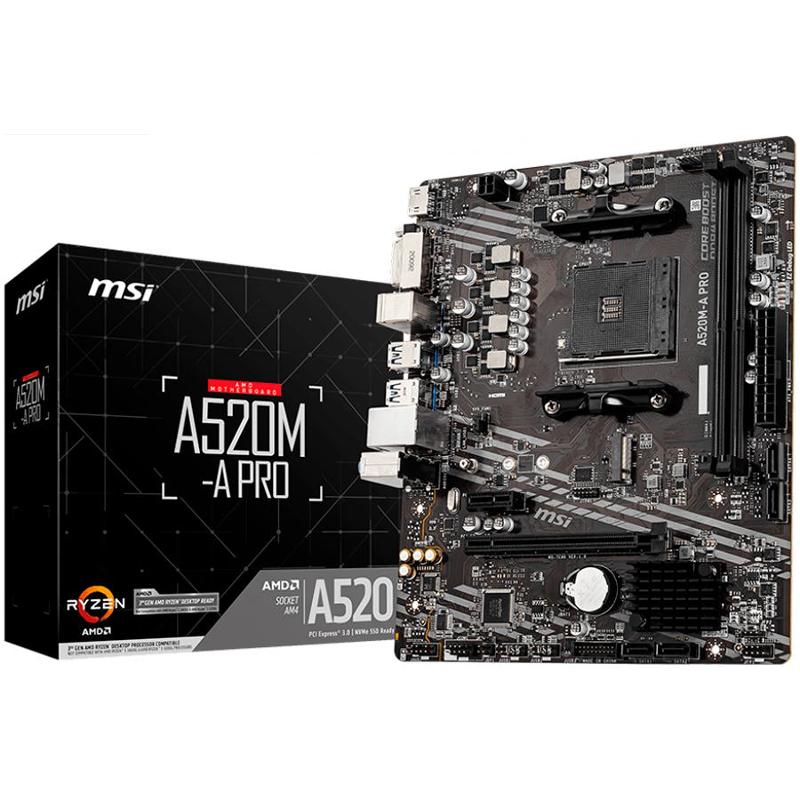 MSI Main Board Desktop A520M (AM4, 2xDDR4, 1xPCI-Ex16, 1xPCI-Ex1, M.2, 4xSATA3, 6xUSB3.2 Gen1, 6xUSB2.0, HD Audio, DVI-D, HDMI, GLAN) mATX Retail [1]