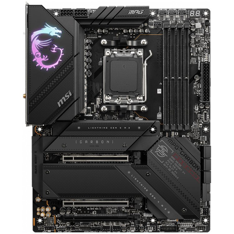 MSI MPG X670E CARBON WIFI, ATX, Socket AM5, 4x DDR5, Type-C DP, 3x PCI-E x16 slots, 4x M.2 slots, 1x HDMI, 2x DP (1x Type-C), 6x USB 3.2 Gen2, 1x USB 3.2 Gen2, 1x USB 3.2 Gen2x2, 2x USB 2.0, Type-C, 7 [2]