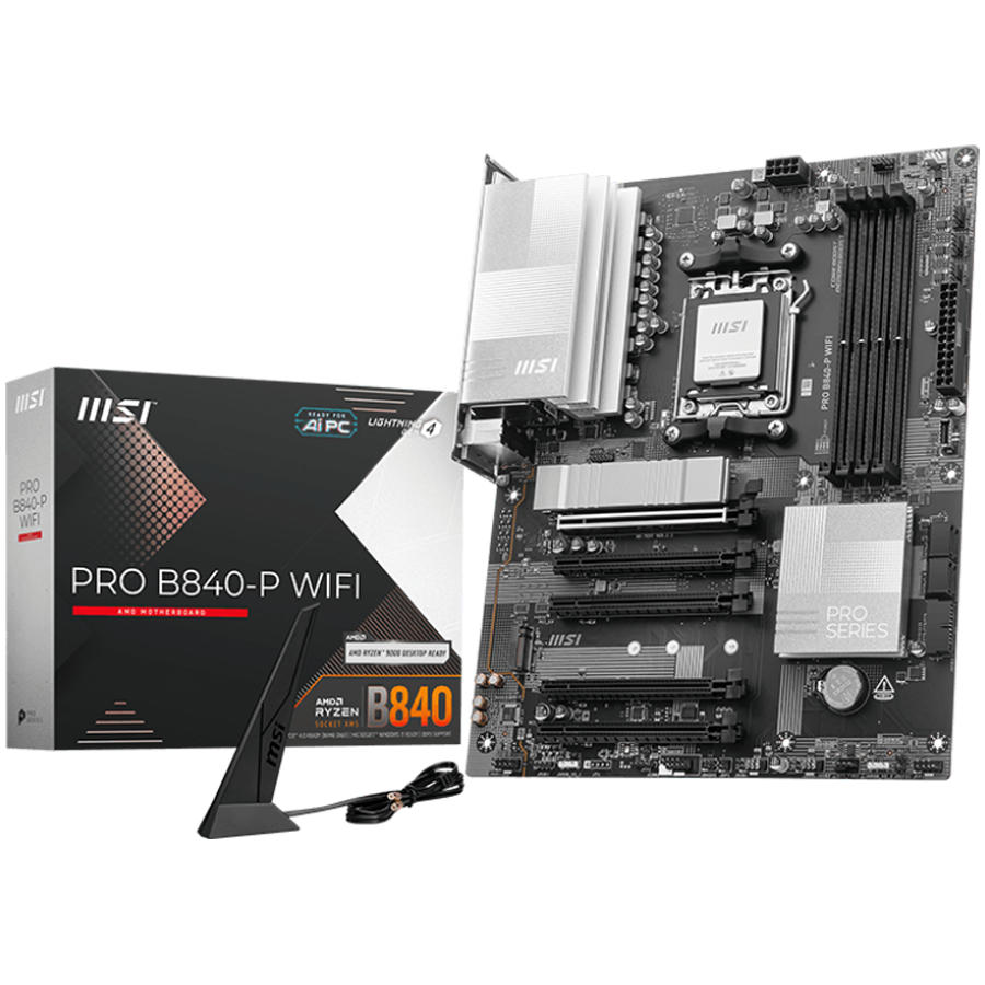 MSI PRO B840-P WIFI, ATX, Socket AM5, 4x DDR5 Dual Channel DDR5 up to 8000(OC)MHz, 5x PCIe x16 slot, 2x M.2 slot, 4x USB 2.0, 2x USB 5Gbps, 1x USB 10Gbps, 1x USB 10Gbps Type-C, HDMI, 7.1 HD Audio, 2.5 [1]
