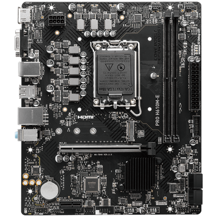MSI PRO H610M-E, mATX, LGA 1700, Dual Channel DDR5 5600+MHz, 1x PCIe x16 slot, 1x M.2 slot, 1x HDMI, 1x VGA, 2x USB 3.2 Gen 1, 4x USB 2.0, 7.1 HD Audio, Realtek ALC897 Codec, 3Y [2]