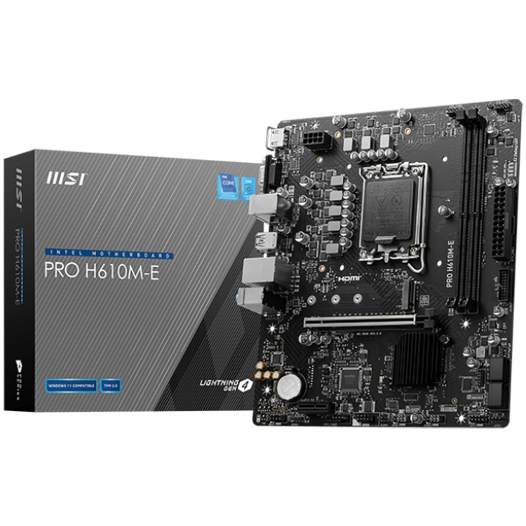 MSI PRO H610M-E, mATX, LGA 1700, Dual Channel DDR5 5600+MHz, 1x PCIe x16 slot, 1x M.2 slot, 1x HDMI, 1x VGA, 2x USB 3.2 Gen 1, 4x USB 2.0, 7.1 HD Audio, Realtek ALC897 Codec, 3Y [1]