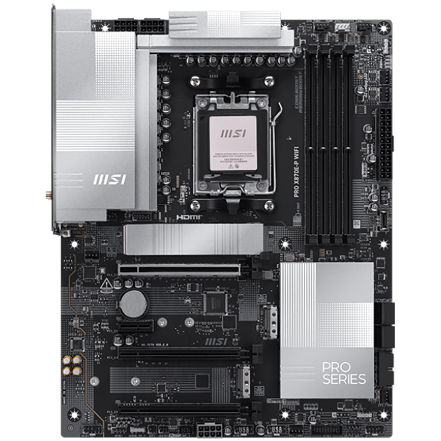 MSI PRO X870E-P WIFI, ATX, Socket AM5, 4x DDR5 Dual Channel DDR5 up to 8200(OC)MHz, 3x PCIe x16 slot, 3x M.2 slot, 4x USB 2.0, 2x USB 5Gbps, 2x USB 10Gbps, 1x 20Gbps Type-C, 1x 40Gbps Type-C, HDMI, 7. [2]