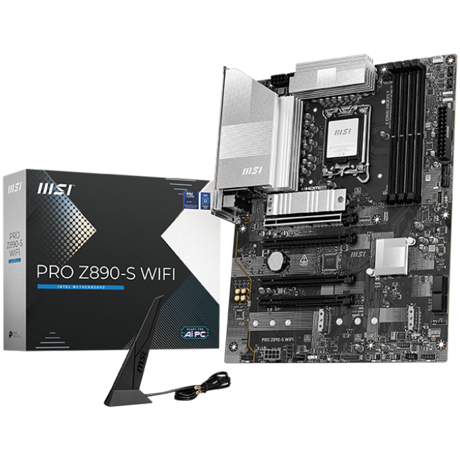 MSI PRO Z890-S WIFI, LGA 1851, Dual Channel DDR5 up to 8600(OC)MHz, 4x PCIe x16 slots, 3x M.2 slot, 4xUSB 2.0, 6xUSB 5Gbps A, 1xUSB 20Gbps C,1x HDMI, 1x Type-C DP,1x DP, 2.5GbpsLAN, 7.1 Audio, 3y warr [1]