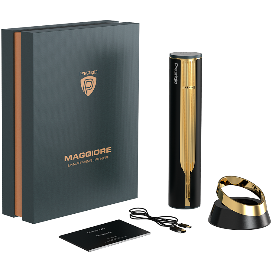 Prestigio Maggiore, smart wine opener, 100% automatic, opens up to 70 bottles without recharging, foil cutter included, premium design, 480mAh battery, Dimensions D 48*H228mm, black + gold color. [13]