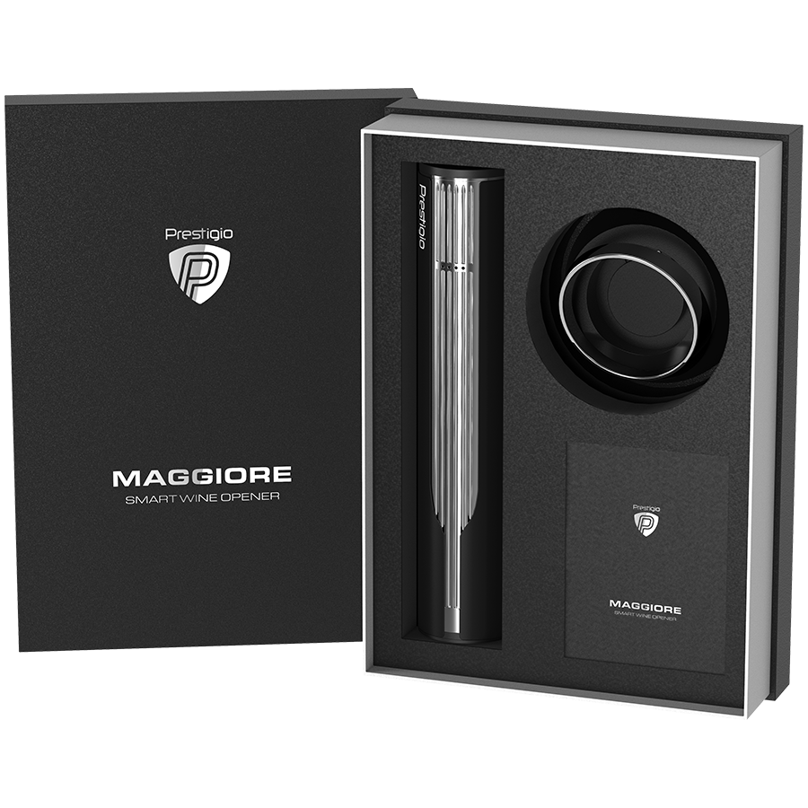 Prestigio Maggiore, smart wine opener, 100% automatic, opens up to 70 bottles without recharging, foil cutter included, premium design, 480mAh battery, Dimensions D 48*H228mm, black + silver color. [19]
