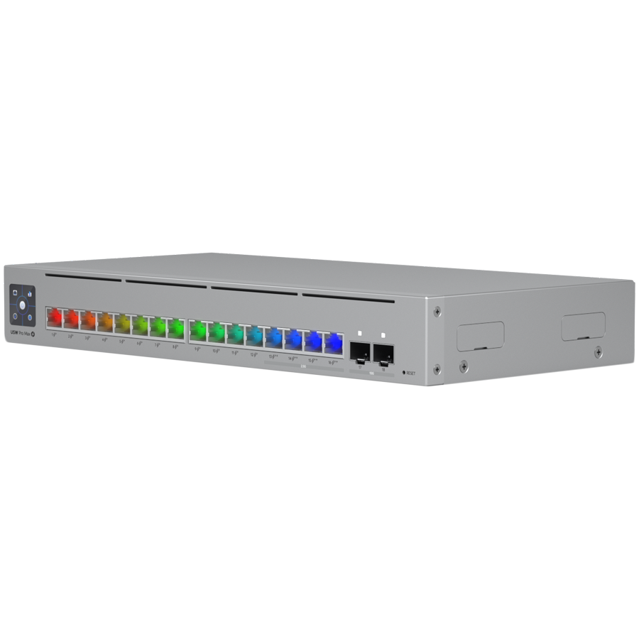 Ubiquiti 16-port, Layer 3 Etherlighting switch with 2.5 GbE, PoE++ output, and versatile mounting options, 4x 2.5 GbE PoE++ ports, 12x GbE PoE+ ports, 2x 10G SFP+ ports, 180W total PoE availability [2]