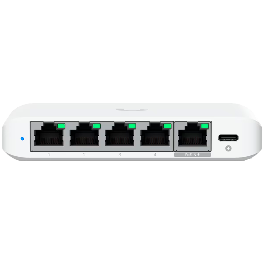 Ubiquiti 5-port 2.5G switch that can be powered with PoE or a USB-C adapter; 4x 2.5 GbE ports, 2.5 GbE PoE input port for power [2]