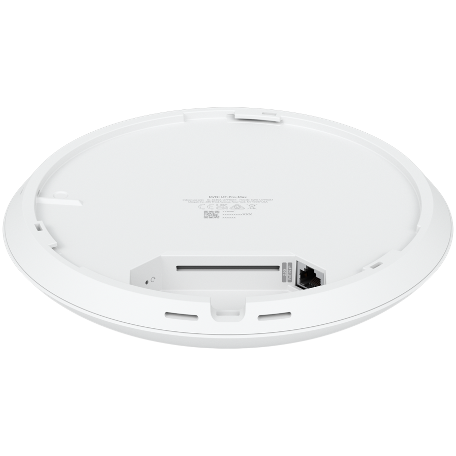 Ubiquiti U7-Pro-Max Ceiling-mounted WiFi 7 AP with 8 spatial streams, 6 GHz support, and a dedicated spectral scanning engine for interference-free WiFi in demanding, large-scale environments [4]