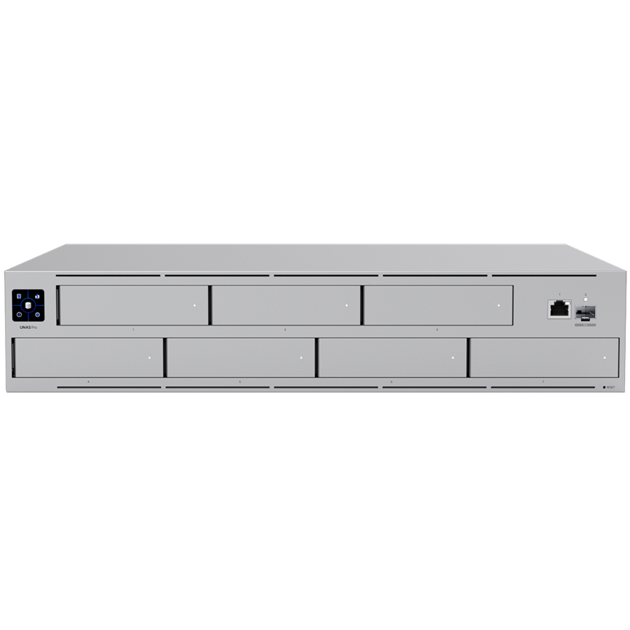 Ubiquiti UNAS-Pro-EU 2U rack-mount NAS with (7) 2.5/3.5" drive bays and 10 Gbps performance designed for large-scale file storage and sharing, (7) 2.5/3.5" HDD / SSD support, 10G SFP+ uplink and (1) G [1]