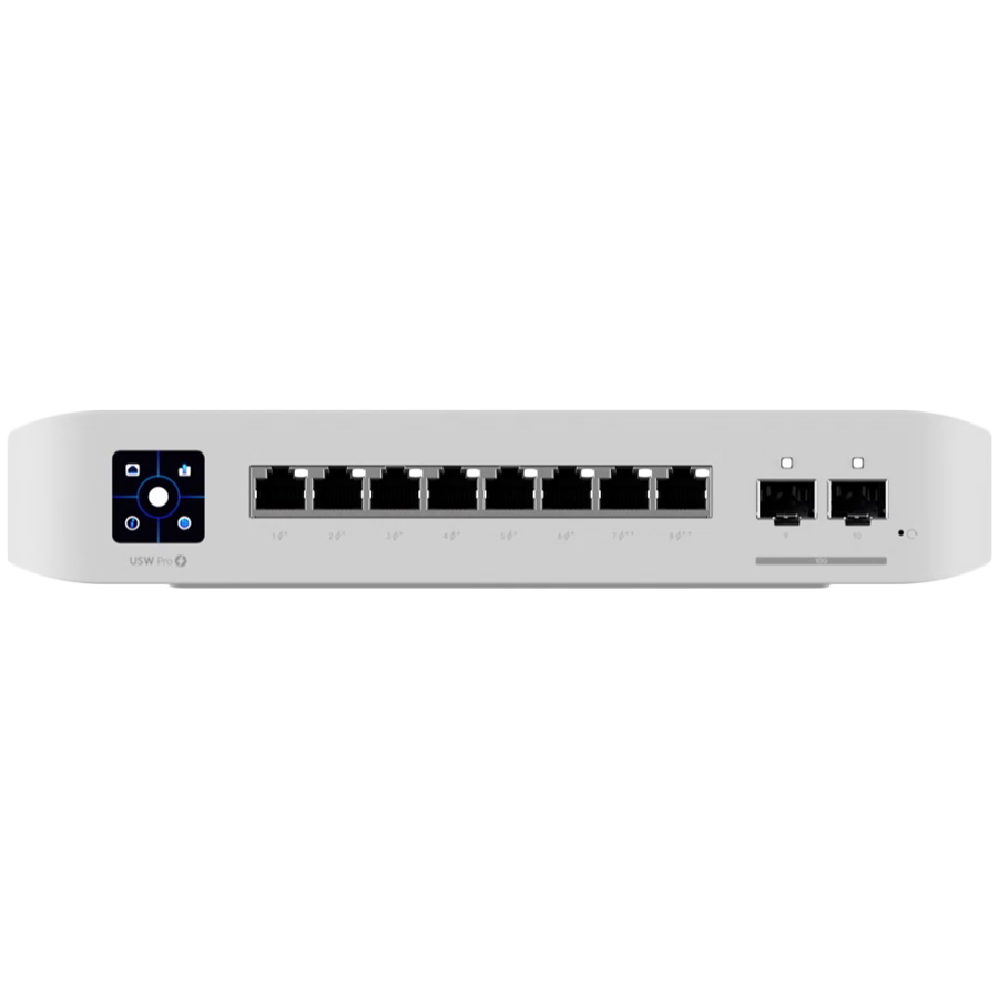 Ubiquiti USW-Pro-8-PoE-EU An 8-port, Layer 3 switch with PoE+ and PoE++ output. Can power devices with up to 120W, with a power consumption of 30W (Excluding PoE output) [1]