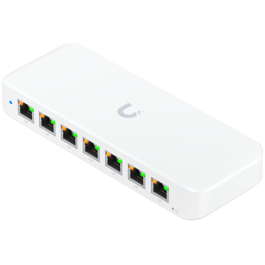 Ubiquiti USW-Ultra-210W-EU compact, Layer 2, 8-port GbE PoE switch with versatile mounting options, 7x GbE PoE+ output ports, GbE port with optional PoE++ input, 202W PoE availability with the include [3]
