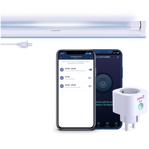 Aeroterme/Ventilatoare - A kit consisting of PEHPL10 Smart Power Plug and PELUV01 UV lamp. Used to desinfect working and residential premises with remote control from Perenio Lite application