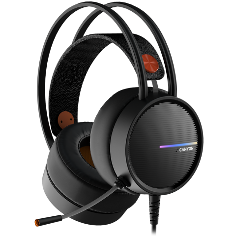 Jocuri si multimedia - CANYON INTERCEPTOR GH-8A, Gaming headset 3.5mm jack plus USB connector for LED backlight, adjustable microphone and volume control, with 2in1 3.5mm adapter, cable 2M, Black and Orange, 0.36kg