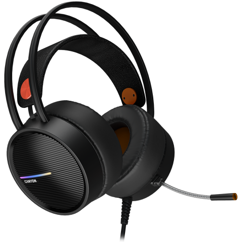 CANYON INTERCEPTOR GH-8A, Gaming headset 3.5mm jack plus USB connector for LED backlight, adjustable microphone and volume control, with 2in1 3.5mm adapter, cable 2M, Black and Orange, 0.36kg [1]