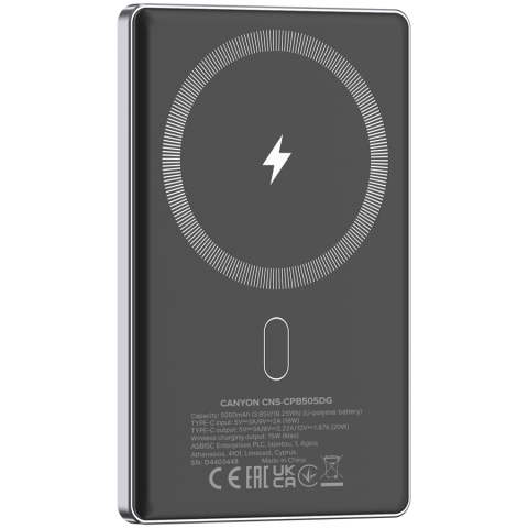 CANYON power bank OnPower 505 slim Magnetic 5000 mAh PD20W Dark Grey [3]