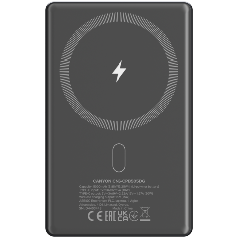 CANYON power bank OnPower 505 slim Magnetic 5000 mAh PD20W Dark Grey [2]