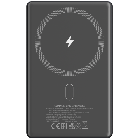 CANYON power bank OnPower 510 slim Magnetic 10000 mAh PD20W Dark Grey [2]