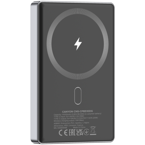 CANYON power bank OnPower 510 slim Magnetic 10000 mAh PD20W Dark Grey [3]