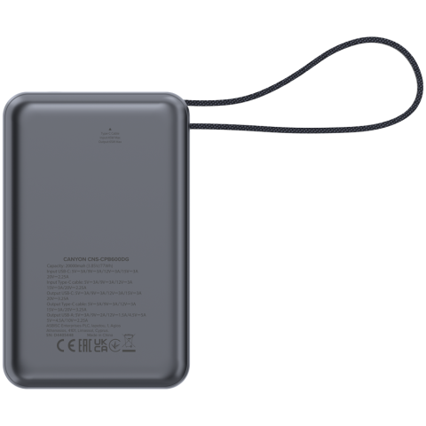 CANYON power bank OnPower 600 built-in cable 20000 mAh PD65W Dark Grey [4]