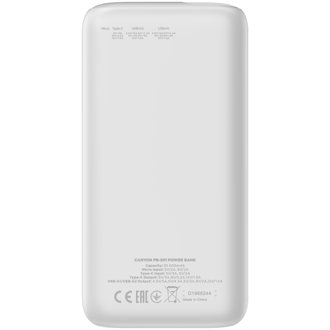 CANYON power bank PB-301 LED 30000 mAh PD 20W QC 3.0 White [2]