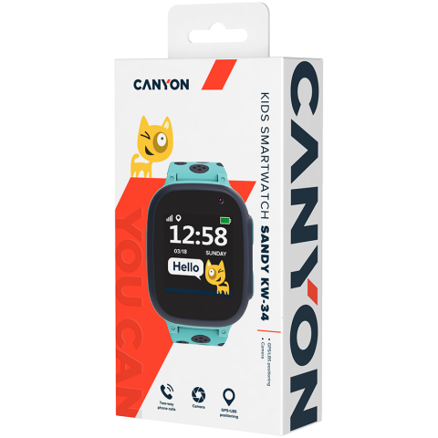 CANYON Sandy KW-34, Kids smartwatch, 1.44 inch colorful screen, GPS function, Nano SIM card, 32+32MB, GSM(850/900/1800/1900MHz), 400mAh battery, compatibility with iOS and android, Blue, host: 52.9*40 [5]