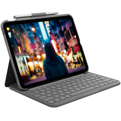 Accesorii tablete - Husă cu tastatură Logitech Slim Folio pentru iPad 10, 10.9", QWERTY US International, Oxford Grey