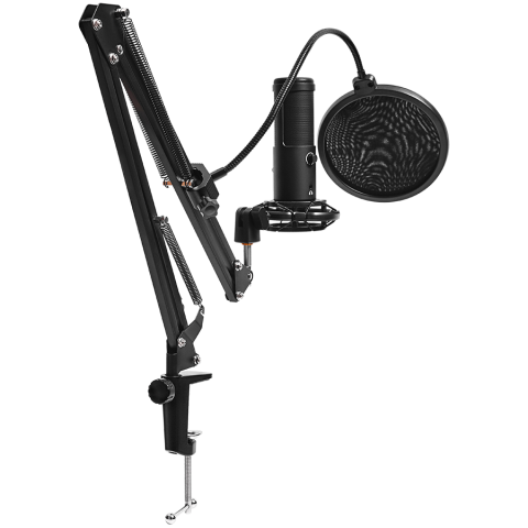 LORGAR Voicer 931, Gaming Microphone, Black, USB condenser microphone with boom arm stand, pop filter, tripod stand. including 1* microphone, 1*Boom Arm Stand with C-clamp, 1*shock mount, 1*pop filter [5]