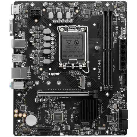 MSI PRO H610M-E, mATX, LGA 1700, Dual Channel DDR5 5600+MHz, 1x PCIe x16 slot, 1x M.2 slot, 1x HDMI, 1x VGA, 2x USB 3.2 Gen 1, 4x USB 2.0, 7.1 HD Audio, Realtek ALC897 Codec, 3Y [1]