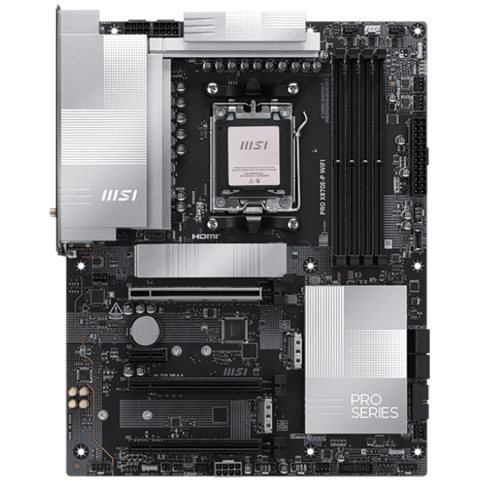 MSI PRO X870E-P WIFI, ATX, Socket AM5, 4x DDR5 Dual Channel DDR5 up to 8200(OC)MHz, 3x PCIe x16 slot, 3x M.2 slot, 4x USB 2.0, 2x USB 5Gbps, 2x USB 10Gbps, 1x 20Gbps Type-C, 1x 40Gbps Type-C, HDMI, 7. [1]