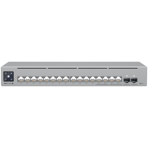 Retelistica - Ubiquiti 16-port, Layer 3 Etherlighting switch with 2.5 GbE, PoE++ output, and versatile mounting options, 4x 2.5 GbE PoE++ ports, 12x GbE PoE+ ports, 2x 10G SFP+ ports, 180W total PoE availability