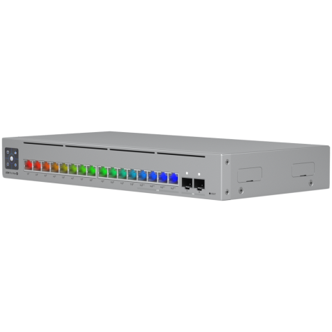 Ubiquiti 16-port, Layer 3 Etherlighting switch with 2.5 GbE, PoE++ output, and versatile mounting options, 4x 2.5 GbE PoE++ ports, 12x GbE PoE+ ports, 2x 10G SFP+ ports, 180W total PoE availability [1]