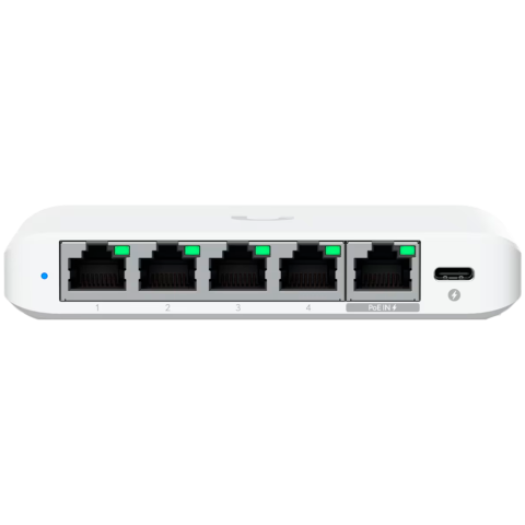 Ubiquiti 5-port 2.5G switch that can be powered with PoE or a USB-C adapter; 4x 2.5 GbE ports, 2.5 GbE PoE input port for power [1]