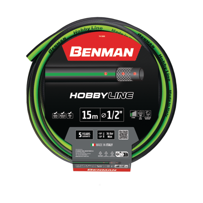 Gradina - Furtun de grădină 1/2 inchi 15 metri BENMAN Hobby Line cu 3 straturi ranforsate și presiune 36 bar