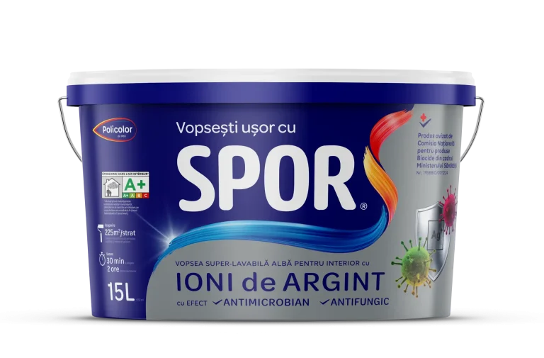 Vopsea Lavabila - Vopsea super-lavabilă SPOR cu ioni de argint, 15L, protecție antibacteriană – yceinstal.ro