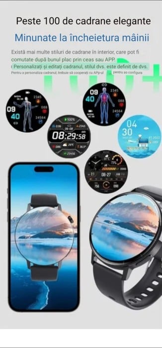 Ceas Smartwatch, . YNNA®, Masurare glicemie, Meniu in limba Romana, Apel Bluetooth, Tensiune arteriala, EKG, Negru [9]