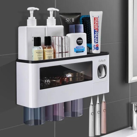 Suport Multifuncțional pentru Periuțe de Dinți – 6 Sloturi, 3 Pahare Magnetice, Dispenser Pastă, Sertar Depozitare [2]