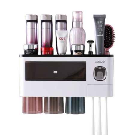 Accesorii baie - Suport Multifuncțional pentru Periuțe de Dinți – 6 Sloturi, 3 Pahare Magnetice, Dispenser Pastă, Sertar Depozitare