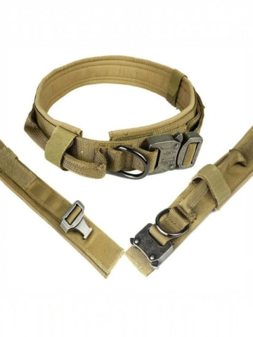 Dog/Pet Shop - Zgarda Tactica Caine, .YNNA®, Reglabil, Maner si inchidere metalica robusta, Rezistent la uzura, Potrivit pentru antrenamentul cainilor de talie medie si mare, Nylon, Kaki