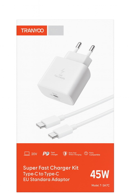 Incarcatoare si cabluri - Incarcator priza Tranyoo 45W, USB-C, cablu USB-C la USB-C inclus, Alb