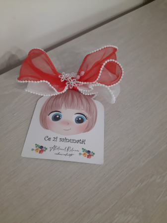 Accesorii par fete - Clama cu fundita organza rosie si alba