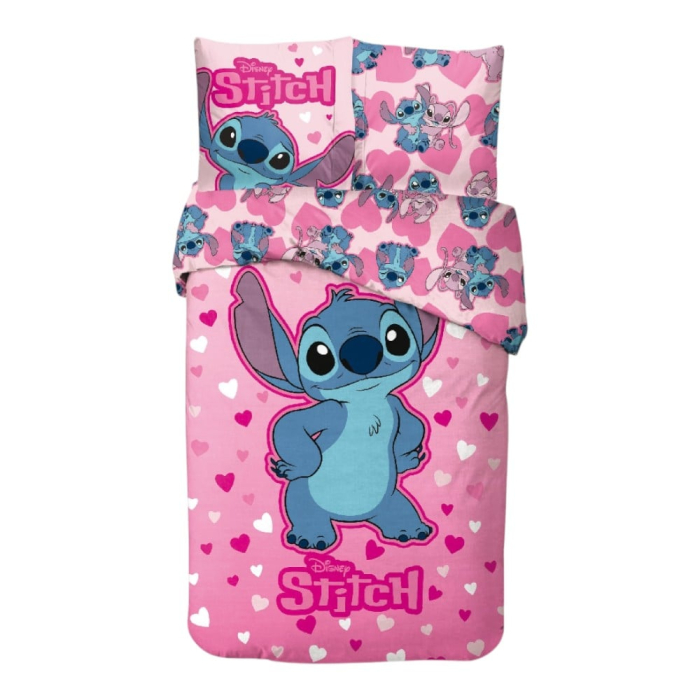 Set lenjerie pat, 100% bumbac, 2 piese, 140x200 cm, 65x65 cm, roz, Happy, Stitch, Disney [1]