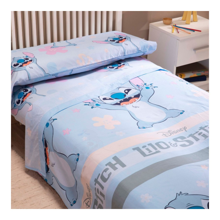 Set lenjerie pat, 3 piese, husa saltea 105x200 cm, cearceaf pat 180x280 cm, fata perna 50x70 cm, albastru, Stitch [2]