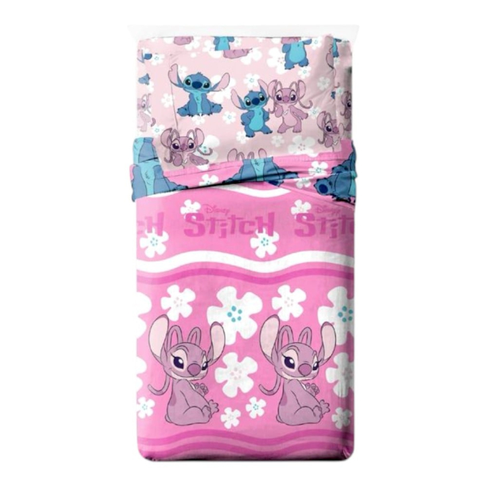 Set lenjerie pat, 4 piese, husa saltea 160x200 cm, cearceaf pat 240x280 cm, 2 fete perna 50x70 cm, roz, Stitch [1]