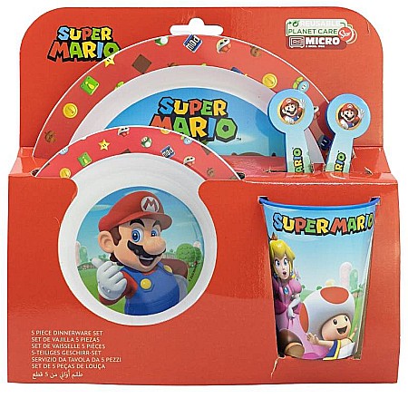 Alimente si bauturi - Set 5 piese pentru servit masă, plastic, fără BPA, multicolor, utilizabil la microunde, Super Mario