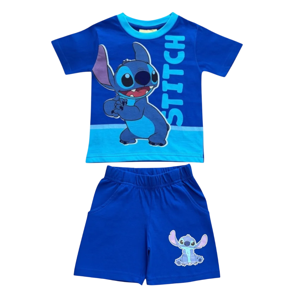 Seturi 2 piese - Compleu copii, 2 piese, mânecă scurtă, 100% bumbac, albastru, Stitch, Disney